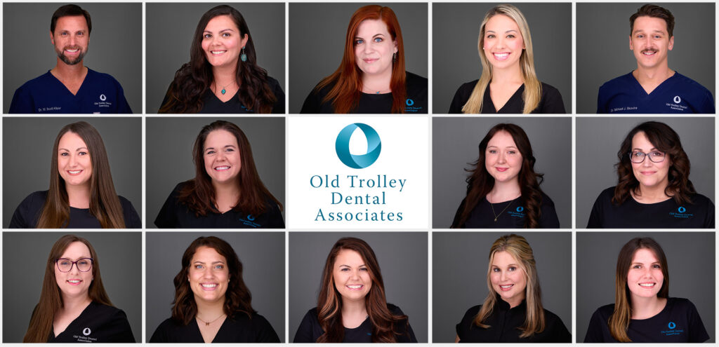 composite photo of 14 team members at Old Trolley Dental Associates